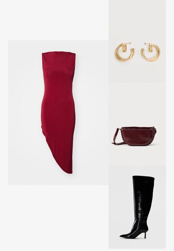 Punainen, hihaton bodycon-mekko, jossa on tiukka yläosa ja epäsymmetrinen helma. Pehmeä, sileä kangas, jossa on kevyt kiilto.; Musta polvipituiset saappaat kiiltävän krokotiilikuosisella pinnalla. Terävä kärki ja ohut korko; sivuvetoketju kiinnitystä varten.; Viininpunainen nahkainen käsilaukku, jossa on puolikuun muotoinen muoto, vetoketjullinen suljenta ja irrotettava hihna. Sileä pinta, jossa hienovarainen kiilto.; Pari kiiltäviä kullanvärisiä kaksinkertaisia rengaskorvakoruja, joissa tappi kiinnitys valkoisella taustalla.