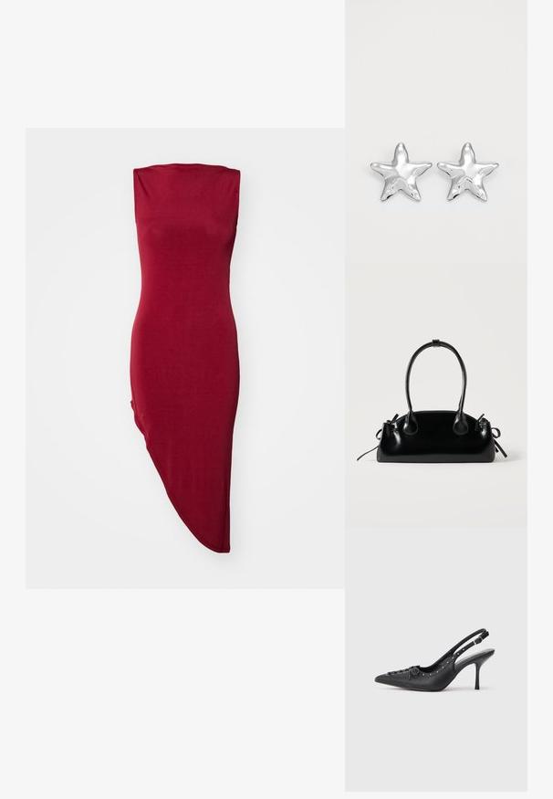 Punane, hõlmikpuuvillane kleit ilma varrukateta, kitsas kehaosa ja asümmeetriline lõikejoon. Pehme, sile kangas, millel on kerge sära.; Must musta sanga kaelaga stilettod, terav nina, külgse pandla rihm, nurgas nublud ja dekoratiivne nöörimine ees.; Väike must läikiv käekott kahe pika sangaga ja külgedel paelakinnitustega, ühel lihtsal helel taustal.; Hõbedased tähtkujulised kõrvarõngad, millel on poleeritud, sile pind. Iga kõrvarõnga puhul on viie tipuga ja peene pindade tekstuuriga detailid.