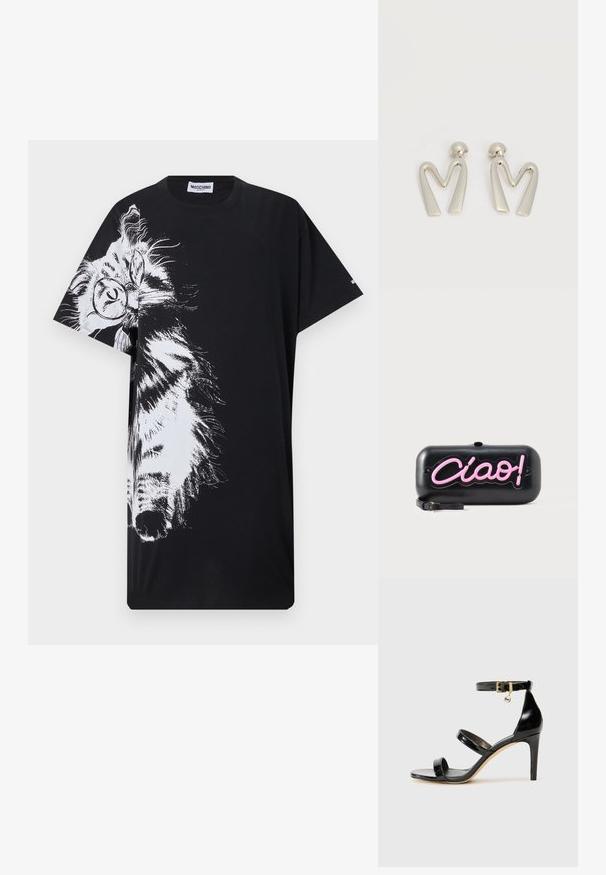 Μαύρο T-shirt με μεγάλο λευκό σκίτσο μιας γάτας που φορά γυαλιά, καλύπτοντας το μισό μπροστινό μέρος και ένα μανίκι, με ετικέτα Moschino στο γιακά.; Μαύρη λουστρίνι σανδάλι με τρεις λωρίδες, πόρπη στον αστράγαλο και τακούνι στιλέτο 10 εκ. Διαθέτει χρυσά μεταλλικά στοιχεία και λογότυπο.; Μαύρο ορθογώνιο τσαντάκι χειρός με ροζ φωτεινά γράμματα "Ciao!" σε στυλ νέον και μικρό μαύρο λουράκι καρπού σε λευκό φόντο.; Ζευγάρι ασημί μεταλλικά σκουλαρίκια σε σχήμα γωνιώδους γράμματος Μ με στρογγυλεμένους ακροδέκτες σε λευκό φόντο.