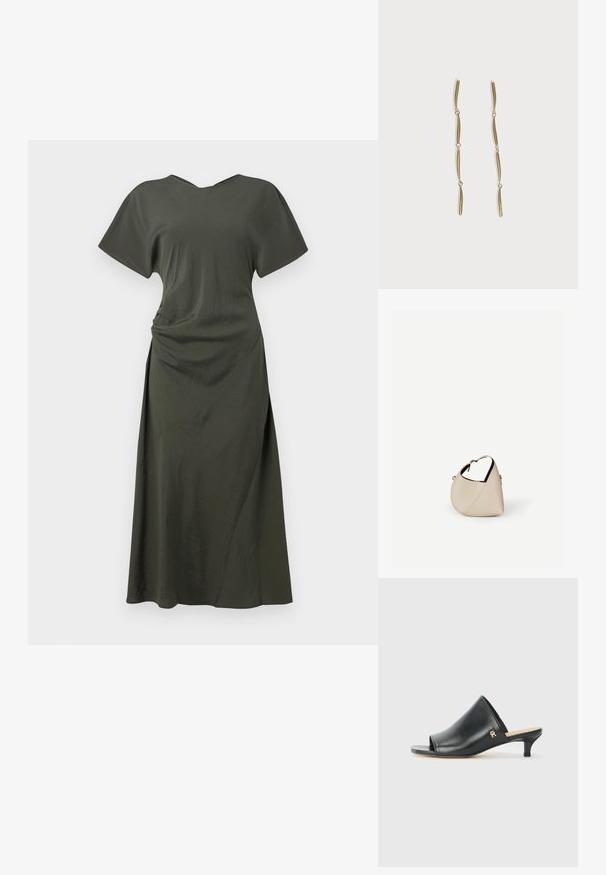 Vestido verde oliva, hasta las rodillas, con mangas cortas, escote en V y detalle drapeado en el lateral. Tela suave con un ligero brillo.; Mules de cuero negro de punta abierta con un tacón bajo. Presentan una superficie lisa y un acento del logo dorado en el costado.; Bolso de cuero beige en forma de media luna con una sola correa para el hombro y costuras mínimas, colocado sobre un fondo blanco liso.; Pendientes largos de oro compuestos por cuatro barras curvadas enlazadas y alargadas sobre un fondo blanco.