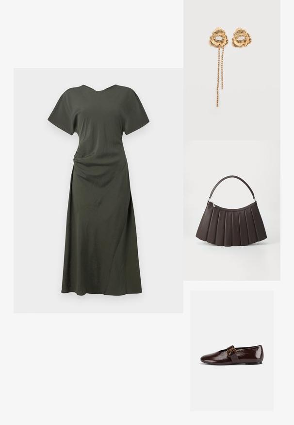 Vestido verde oliva, hasta las rodillas, con mangas cortas, escote en V y detalle drapeado en el lateral. Tela suave con un ligero brillo.; Zapato plano de charol marrón oscuro con una gran hebilla dorada y puntera redondeada, mostrado de perfil sobre un fondo blanco.; Bolso marrón plisado con una parte superior curva, base plana y un asa corta. Fabricado con material liso que presenta un detalle de marca sutil.; Pendientes florales de oro con pétalos texturizados y un anillo de pequeñas piedras transparentes, un pendiente con dos cadenas colgantes de diminutas piedras.