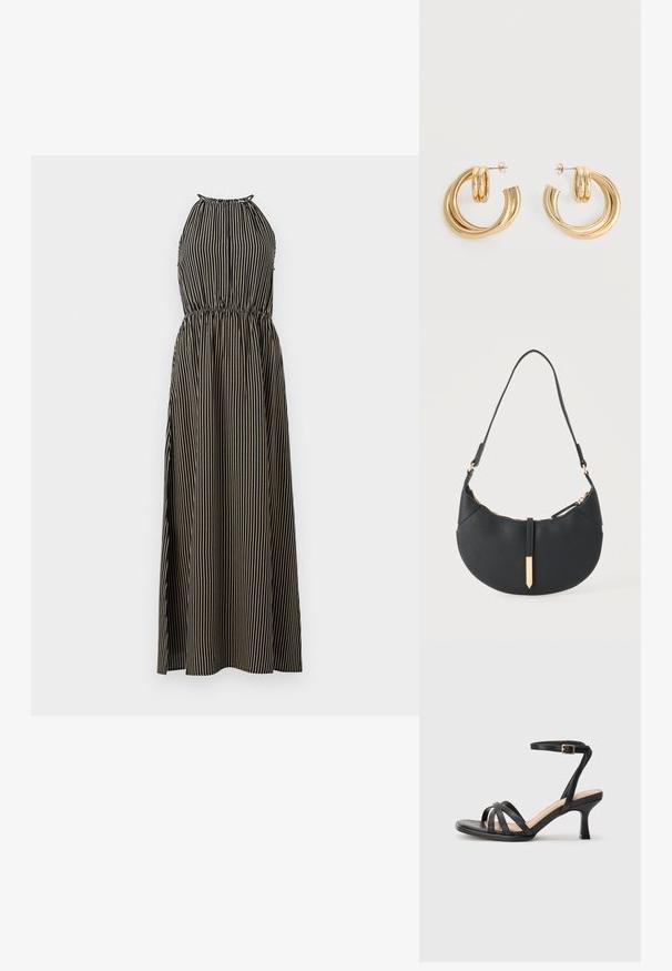 Gestreepte halterjurk in zwart en beige met een elastische tailleband; lange, vloeiende A-lijn silhouet en gestructureerde stof.; Zwarte sandalen met hakken, voorzien van meerdere dunne banden over de tenen, een enkele enkelband met een gouden gesp en een vierkante neus.; Zwarte handtas in halve maanvorm met een enkele band, gouden rits en een gouden rechthoekige decoratieve tab aan de voorkant.; Set glanzende gouden dubbele lus oorbellen met stekertjes op een witte achtergrond.