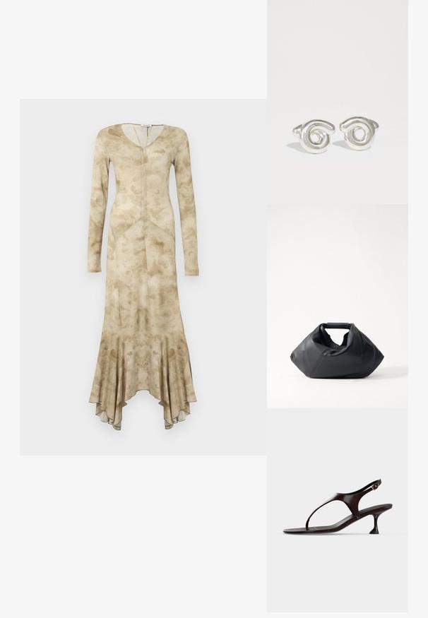 Robe longue beige avec des motifs floraux subtils, corsage ajusté, manches longues, encolure en V, et un ourlet évasé asymétrique.; Sandale slingback en cuir verni marron foncé avec petit talon et bride entre les orteils sur fond blanc.; Sac en cuir noir avec un extérieur texturé, une forme froissée unique et une courte poignée. Dispose d'un seul compartiment principal.; Boucles d'oreilles en métal argenté avec un design en spirale, présentant une texture lisse et polie ainsi que des formes arrondies. Pas de fermoirs ni d'accents visibles.