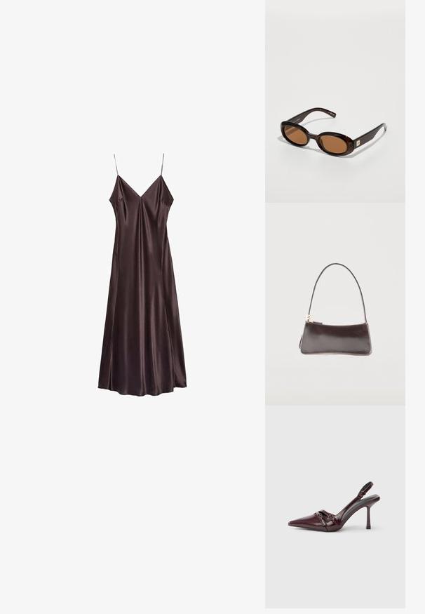 Robe slip en satin couleur chocolat, avec un décolleté en V, des bretelles fines et un ourlet fluide qui tombe au milieu du mollet. Texture lisse et design minimaliste.; Escarpin slingback en cuir verni bordeaux avec bout pointu, fine bride à la cheville et petit détail décoratif de boucle. Texture lisse et talon haut.; Lunettes de soleil écaille de tortue marron avec des verres ovales, dotées d'une fine monture et d'un petit accent métallique sur le côté. Fini texturé et poli.; Petit sac à main rectangulaire en cuir marron foncé avec une bandoulière unique et une fermeture éclair dorée.