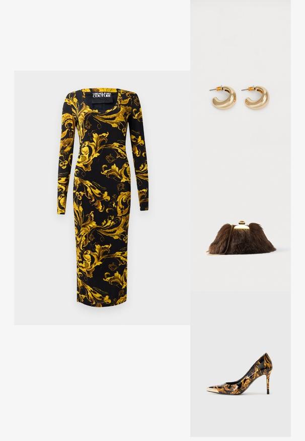 Vestido negro de manga larga con una silueta ajustada, que presenta patrones florales dorados y un escote cuadrado, hecho de una tela suave.; Zapato de tacón alto con punta afilada, superficie negra brillante, adornado con patrones florales dorados y una tapa metálica dorada en la punta.; Bolso de mano de pelo sintético marrón con un cierre y cadena de color dorado. Textura suave, forma triangular y apariencia ligeramente esponjosa.; Dos pendientes de aro dorados brillantes en un diseño curvado, con acentos naranjas cerca del poste, sobre un fondo blanco liso.