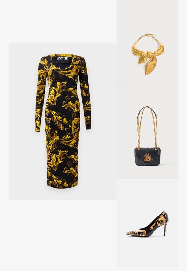 Vestido negro de manga larga con una silueta ajustada, que presenta patrones florales dorados y un escote cuadrado, hecho de una tela suave.; Zapato de tacón alto negro con patrón barroco dorado y punta puntiaguda, con una placa metálica de marca en el frente.; Bolso de cuero negro con asa de cadena dorada y cierre decorativo dorado con la palabra ""just"" entrelazada con un diseño de serpiente.; Collar de metal en tono dorado con forma de bufanda anudada con cierre ajustable de eslabón de cadena sobre fondo blanco.