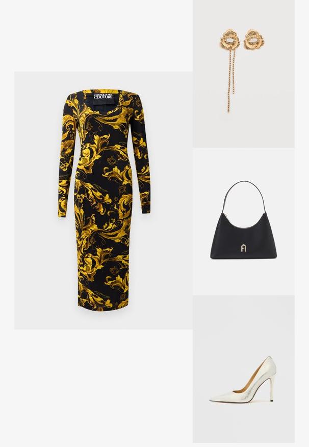 Schwarzes langärmliges Kleid mit figurbetontem Schnitt, verziert mit goldenen Blumenmustern und einem quadratischen Ausschnitt, aus glattem Stoff gefertigt.; Weißer Lederschuh mit Absatz, spitz zulaufender Spitze und strukturierter Oberfläche. Verfügt über einen schlanken Stilettoabsatz und ein glattes Innenfutter.; Schwarze Lederhandtasche mit geschwungener Form, einem kurzen Griff, goldenen Beschlägen und einem Reißverschluss oben. Mit einem Logo-Element an der Vorderseite.; Goldene Blumenohrringe mit strukturierten Blütenblättern und einem Ring aus kleinen klaren Steinen, ein Ohrring mit zwei herabhängenden Ketten winziger Steine.