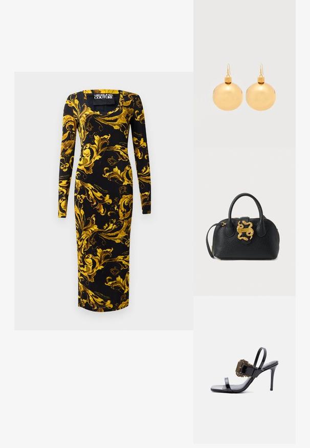 Vestido negro de manga larga con una silueta ajustada, que presenta patrones florales dorados y un escote cuadrado, hecho de una tela suave.; Sandalia de tacón alto de charol negro con tiras delgadas y una gran hebilla dorada ornamentada en la tira frontal.; Bolso de mano de cuero negro texturizado con dos asas, cremallera dorada y detalle de cierre en forma de serpiente dorada en la parte delantera.; Par de pendientes de bola navideña dorados brillantes con cierre de gancho sobre un fondo blanco liso.