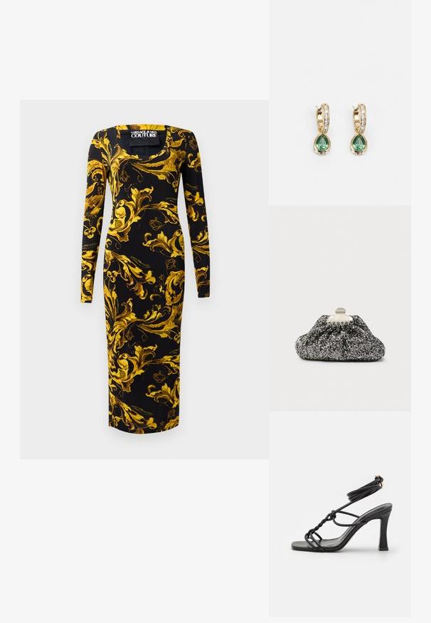 Sort langærmet kjole med en tætsiddende silhuet, der har gyldne blomsterdesigns og en firkantet halsudskæring, lavet af glat stof.; DeeZee Højhælede sandaletter / Højhælede sandaler - black; Sort og sølvglitrende clutch med et samlet design. Metallås med en glat, rund form og tekstureret overflade.; Guld hoops øreringe med en tåreformet grøn sten, dekoreret med klare krystaller langs toppen, der fremhæver en poleret finish.