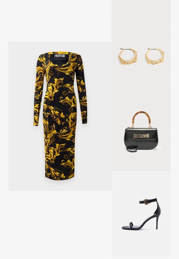 Vestido negro de manga larga con una silueta ajustada, que presenta patrones florales dorados y un escote cuadrado, hecho de una tela suave.; Sandalia negra de tacón alto con una delgada correa en el tobillo que presenta una hebilla dorada ornamentada y una única correa en los dedos, acabado de cuero texturizado.; Bolso de cuero negro con el logo dorado "Just Cavalli" en el frente y asa curvada de bambú, con una correa larga desmontable.; Par de pendientes de aro en tono dorado con grabados ornamentales de flores y hojas sobre un fondo neutro.