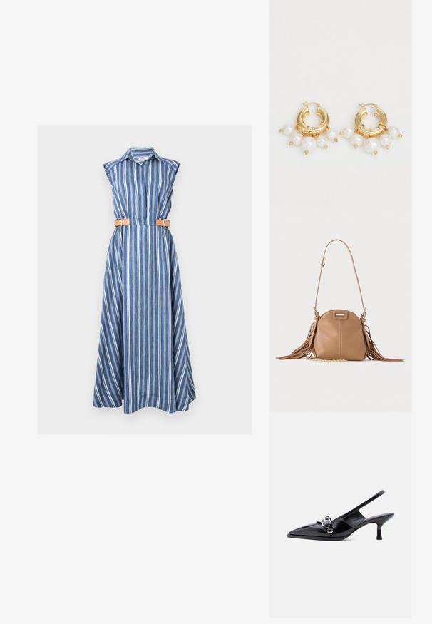 Robe longue bleue sans manches avec des rayures verticales blanches, col chemise et ceinture marron à double boucle à la taille.; Chaussure à talon bas en cuir verni noir avec bride arrière, bout pointu et détail boucle argentée sur fond blanc uni.; Petit sac à bandoulière en cuir fauve avec longue bandoulière, détail chaîne dorée et franges des deux côtés sur un fond neutre.; Boucles d'oreilles en or en forme de créoles, ornées de trois perles blanches pendantes, maintenues par des accents en fil. Fini métallique lisse avec un aspect poli.
