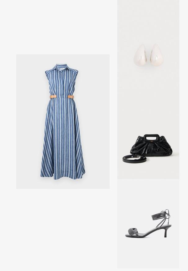 Robe longue bleue sans manches avec des rayures verticales blanches, col chemise et ceinture marron à double boucle à la taille.; Sandale à talon en cuir gris avec une bride nouée sur les orteils et des lacets enroulants autour de la cheville, sur un talon moyen et fin, sur fond blanc.; Petit sac à main en cuir noir avec texture froncée, poignée rectangulaire et fine bandoulière amovible placée à côté.; Boucles d'oreilles en métal argenté en forme de goutte, avec une surface lisse et réfléchissante, présentant un design sans couture et sans embellissements visibles.