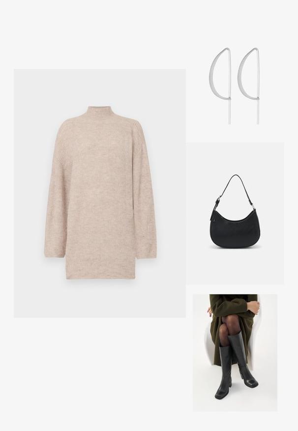 Beige trui met hoge hals en verlaagde schouders, gemaakt van ribbelbrei materiaal. Ontspannen pasvorm met lange mouwen en een gladde textuur.; Knieschijf hoge zwarte leren laarzen met een vierkante neus en blokhak, getoond met een model dat zit in een olijfgroene jas. Gladde textuur, minimale details.; Zwarte hobo tas van soepel leer met een gebogen silhouet, voorzien van een enkele verstelbare schouderriem en minimalistische ontwerpdetails.; Zilveren metalen oorbellen met een minimalistisch gebogen ontwerp, met uitgerekte, open druppelvormen en een matte afwerking.