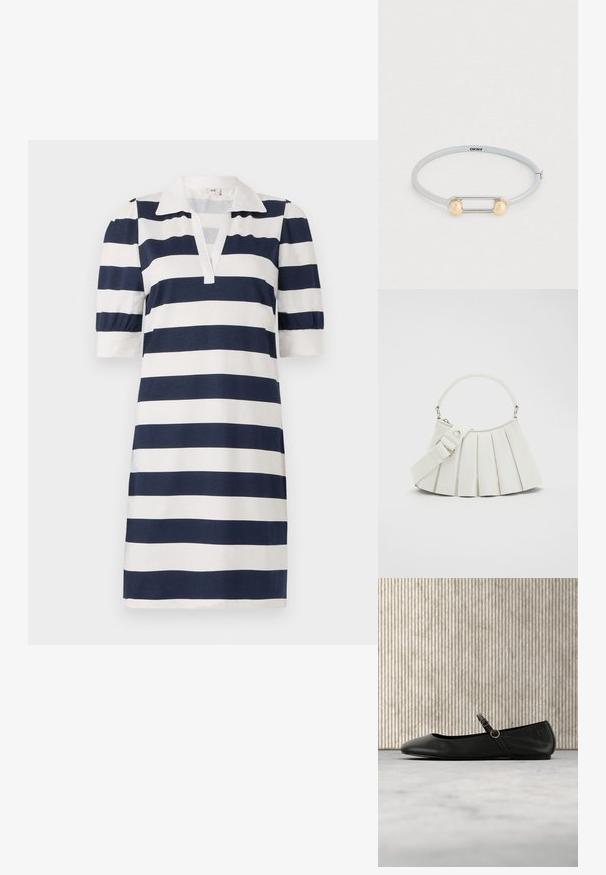 Gestreepte jurk met marineblauwe en witte horizontale strepen, een klassieke polo-kraag, korte pofmouwen en een v-hals. Zacht katoen.; Zwarte leren ballerinas met een ronde neus, voorzien van een dunne band en gouden ronde gespen. Glad oppervlak en minimalistisch ontwerp.; Lacoste LENGLEN BAG - Handtas - cristalline; Zilveren metalen armband met een gladde afwerking, voorzien van een rechthoekig zilveren accent en twee gouden bolvormige uiteinden. Inclusief verstelbare sluiting.