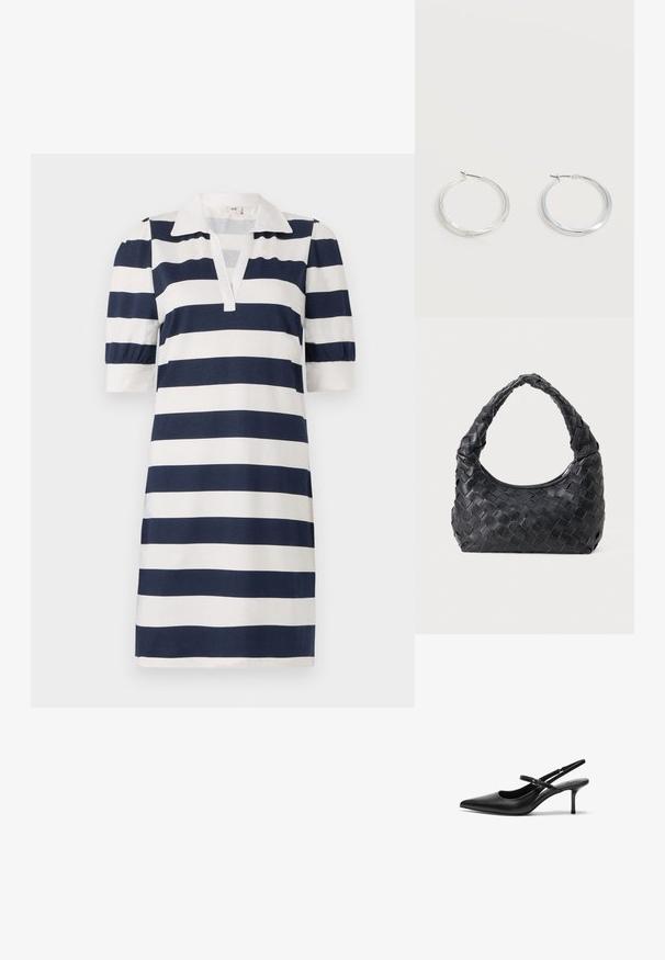 Raidallinen mekko, jossa on tummansinisiä ja valkoisia vaakasuoria raitoja, klassinen polo-kaulus, lyhyet puffihihat ja v-aukko. Pehmeää puuvillakankasta.; Musta nahkainen slingback-korkokenkä, jossa on terävä kärki, hoikka säädettävä hihna ja noin 2 tuuman stiletto-korko, sileä pinta.; Musta nahkainen kudottu olkalaukku, jossa on pyöreä kahva ja kuun muotoinen runko tasaisella taustalla.; Hopeiset metalliset renkaskorvakorut, joissa on sileä, hieman kaareva pinta ja lukolliset takakiinnitykset yksinkertaisella valkoisella taustalla.