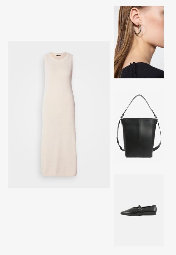 Robe maxi sans manches en tricot de couleur beige clair, avec une surface texturée et un col rond, tombant droit jusqu'à l'ourlet.; Chaussure plate en cuir noir avec un orteil pointu, présentant une sangle à boucle métallique sur le cou-de-pied et une semelle basse et flexible.; Sac seau en cuir noir avec deux bretelles réglables et des détails de couture minimalistes sur un fond uni.; Boucle d'oreille en argent avec une finition polie, présentant de petits détails en or et de forme ronde, portée sur le lobe.