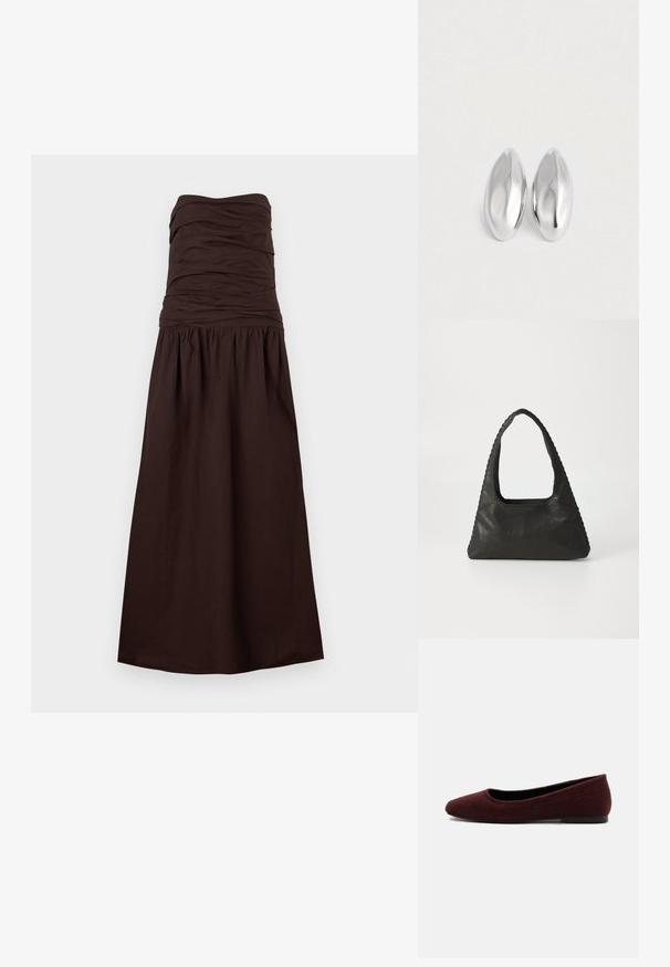 Robe longue marron foncé sans bretelles avec corsage froncé et taille froncée, s'évasant en une jupe longue.; Chaussure plate femme bordeaux à bout arrondi et tissu texturé, semelle noire basse, vue de côté sur fond blanc.; Sac à main en cuir noir de forme triangulaire, avec une grande poignée découpée et des coutures détaillées le long des bords. Texture lisse.; Paire d'objets ovales en argent luisant et lisse disposés côte à côte sur un fond blanc uni.
