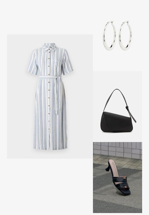 Gestreiftes Hemdblusenkleid in Weiß und Blau, mit Kragen, kurzen Ärmeln, einem Taillengürtel und einer Brusttasche. Verfügt über Holzknöpfe und einen langen Saum.; Schwarzer offener Zeh-Pumps mit Doppelriemen und quadratischer Spitze auf strukturiertem Pflaster vor einer gefliesten Wand.; Schwarze Lederhandtasche mit dreieckiger Form, schrägem Klappdeckel und rundem Oberhandgriff. Verfügt über eine glatte Textur und minimalistische Designdetails.; Silberne Creolen mit einer glatten, glänzenden Oberfläche. Kreisform, ausgestattet mit einem sicheren Verschluss. Einfaches und elegantes Design.
