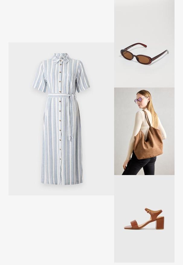 Gestreiftes Hemdblusenkleid in Weiß und Blau, mit Kragen, kurzen Ärmeln, einem Taillengürtel und einer Brusttasche. Verfügt über Holzknöpfe und einen langen Saum.; Braune Leder-Sandalette mit Absatz, quadratischer Zehenpartie, verstellbarem Knöchelriemen und Blockabsatz. Glatte Textur und minimalistische Designelemente.; Runde, braun getönte Sonnenbrillen mit einem glänzenden burgunderfarbenen Rahmen. Schlanke Bügel mit dezentem Branding. Flaches Linsendesign.; Braune Wildleder-Tasche mit weicher Textur, großer Öffnung und langen Trägern. Sie verfügt über ein simples Design mit sichtbarem Stich und ohne Beschläge.
