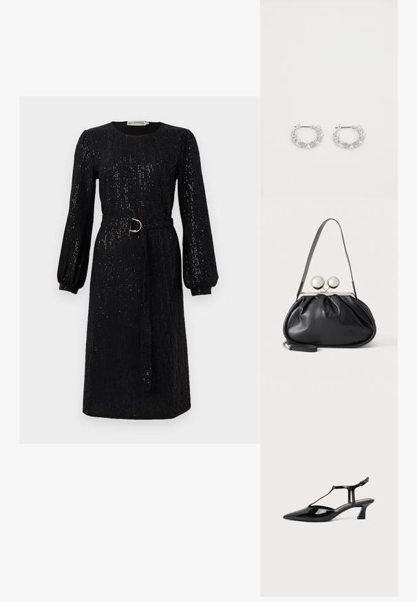 Schwarzes Kleid mit langen, puffigen Ärmeln und tailliertem Bund. Aus Paillettenstoff gefertigt, mit rundem Ausschnitt und geradem Schnitt.; Schwarzer Slipper aus Lackleder mit spitz zulaufender Kappe, T-Riemen und niedrigem, schrägem Blockabsatz vor weißem Hintergrund.; Schwarze Ledertasche mit gerafftem Design, einem einzelnen Riemen, silbernem Metallrahmen und zwei großen runden silbernen Verschlüssen.; Silberne Creolen mit Perlen- und Kristallakzenten, ausgestattet mit einer strukturierten Oberfläche und einem sicheren Steckverschluss.