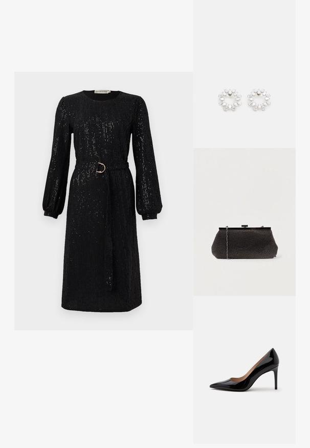 Schwarzes Kleid mit langen, puffigen Ärmeln und tailliertem Bund. Aus Paillettenstoff gefertigt, mit rundem Ausschnitt und geradem Schnitt.; Schwarzer Lackleder-Pumps mit hohem Absatz, spitzer Schuhspitze und Stilettabsatz, seitlich auf einem schlichten weißen Hintergrund dargestellt.; Schwarze Mesh-Clutch mit strukturierter Silhouette, verziert mit kleinen metallic-nieten, besitzt einen Verschluss mit Klappe und einen abnehmbaren Kettenriemen.; Runde Ohrringe aus Metall, verziert mit mehreren klaren, facettierten Steinen, die in einem glitzernden Muster angeordnet sind. Farblos und reflektierend.