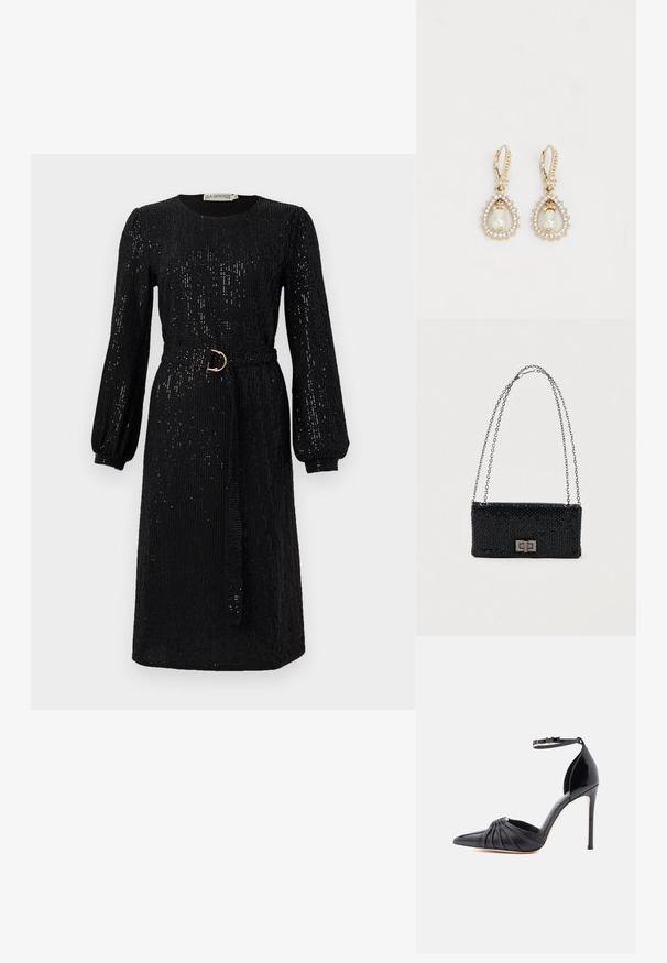 Robe noire avec des manches longues bouffantes et une taille ceinturée. Fabriquée en tissu pailleté, elle présente un col rond et une coupe droite.; Talons aiguilles noirs avec bout pointu, détail en cuir froncé, bride de cheville avec boucle dorée en "M" et finition brillante dans la zone des talons.; Sac à main noir en perles de forme rectangulaire, avec une bandoulière en chaîne argentée et un fermoir en métal présentant un design géométrique. Surface texturée avec des perles.; Boucles d'oreilles dorées avec un design en forme de larme, comportant une perle centrale entourée de petits cristaux transparents. Fermeture à charnière.