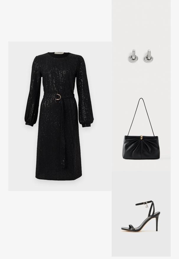 Schwarzes Kleid mit langen, puffigen Ärmeln und tailliertem Bund. Aus Paillettenstoff gefertigt, mit rundem Ausschnitt und geradem Schnitt.; Schwarze High-Heel-Sandale mit schmalem Knöchelriemen, quadratischer Zehenbox, glattem Leder und metallischem Schnallenakzent.; Schwarze Lederhandtasche mit einem verdrehten Design auf der Vorderseite, einem einzelnen Riemen und einem goldfarbenen Metallakzent in der Mitte. Glatte Textur.; Paar kleine, glänzende silberne Creolen mit rundem Sockel, auf einfachem hellem Hintergrund präsentiert.