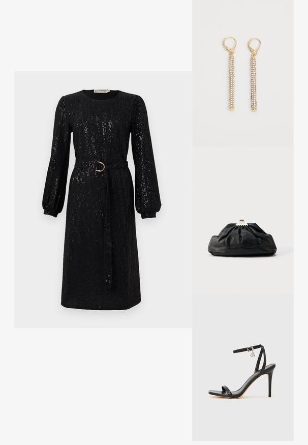 Schwarzes Kleid mit langen, puffigen Ärmeln und tailliertem Bund. Aus Paillettenstoff gefertigt, mit rundem Ausschnitt und geradem Schnitt.; Schwarze High-Heel-Sandale mit schmalem Knöchelriemen, quadratischer Zehenbox, glattem Leder und metallischem Schnallenakzent.; Schwarze Leder-Clutch mit geraffter Textur, Metallverschluss und dezentem, auf der Vorderseite geprägtem Logo. Abgerundete Form.; Ohrringe in Goldoptik mit langen, schlanken Stäben, die mit kleinen klaren Strasssteinen verziert sind. Mit einem Hebeverschluss oben für sicheren Halt.