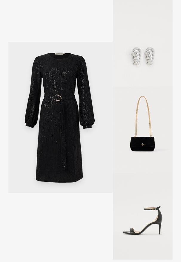 Schwarzes Kleid mit langen, puffigen Ärmeln und tailliertem Bund. Aus Paillettenstoff gefertigt, mit rundem Ausschnitt und geradem Schnitt.; Schwarze Leder-high-heeled Sandale mit Knöchelriemen. Verfügt über eine glatte Textur, offene Zehen und einen dünnen Absatz. Goldfarbener Schnallenakzent.; Schwarze Veloursleder-Handtasche mit gestepptem Design, goldener Kettenriemen und goldenem Logo-Akzent auf der Vorderseite. Glatte Textur mit strukturierter Form.; Silberne Clip-On-Ohringe mit spiralförmigem Design, das eine glatte metallische Textur und abgerundete Formen aufweist. Keine sichtbaren Verzierungen oder Muster.
