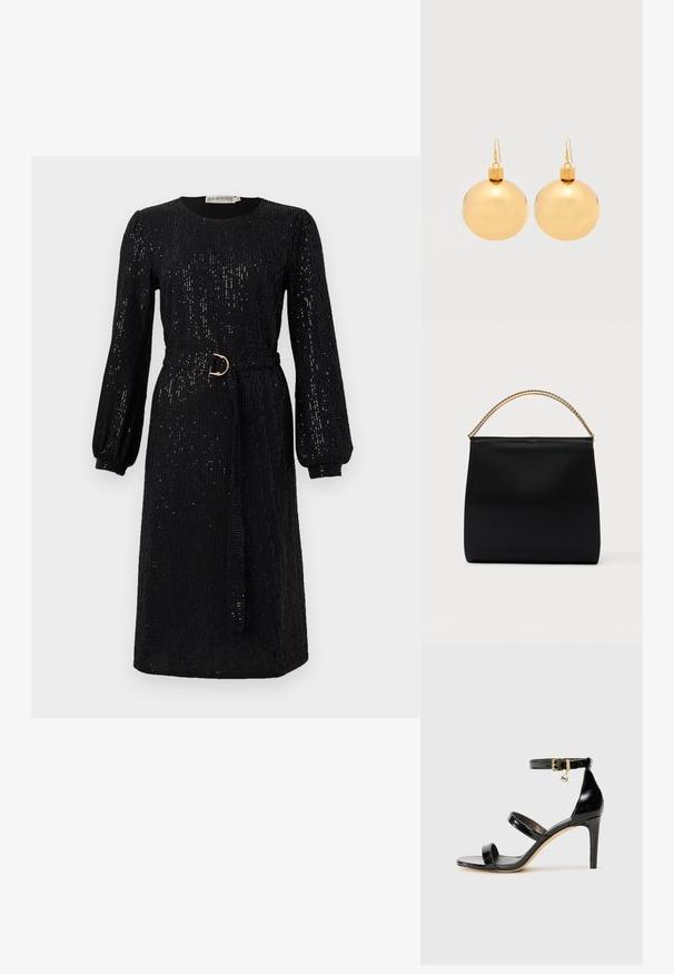 Schwarzes Kleid mit langen, puffigen Ärmeln und tailliertem Bund. Aus Paillettenstoff gefertigt, mit rundem Ausschnitt und geradem Schnitt.; Schwarze Lackleder-Sandale mit drei Riemen, Knöchelriemen und 10 cm hohen Stiletto-Absatz. Verfügt über goldfarbene Hardware-Details und ein Logo-Charm.; Schwarze Tasche aus glattem Stoff mit strukturierter Form, einem Griff aus goldener Kette und minimalistischem, geometrischem Design.; Paar glänzende goldene Weihnachtskugel-Ohrringe mit Hakenverschlüssen auf einfachem weißem Hintergrund.