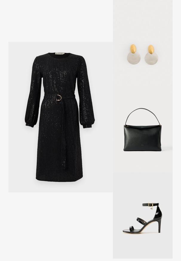 Schwarzes Kleid mit langen, puffigen Ärmeln und tailliertem Bund. Aus Paillettenstoff gefertigt, mit rundem Ausschnitt und geradem Schnitt.; Schwarze Lackleder-Sandale mit drei Riemen, Knöchelriemen und 10 cm hohen Stiletto-Absatz. Verfügt über goldfarbene Hardware-Details und ein Logo-Charm.; Schwarze Lederhandtasche mit glatter Textur, einem geschwungenen Henkel und einem Reißverschlussdetail in Goldoptik. Minimalistisches Design mit einem dezenten Logo.; Ohrringe aus Gold und Silber mit einer runden Diskusbasis und einem ovalen Oberteil, glatte Textur und polierte Oberfläche.