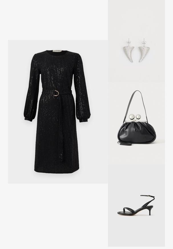 Schwarzes Kleid mit langen, puffigen Ärmeln und tailliertem Bund. Aus Paillettenstoff gefertigt, mit rundem Ausschnitt und geradem Schnitt.; Schwarze Ledersandale für Damen mit dünnen Riemchen, einer Zehenlasche, einer Knöchelschnalle und einem mittelhohen Stöckelabsatz vor neutralem Hintergrund.; Schwarze Ledertasche mit gerafftem Design, einem einzelnen Riemen, silbernem Metallrahmen und zwei großen runden silbernen Verschlüssen.; Silberne, hornförmige Ohrringe, besetzt mit kleinen klaren Steinen, mit einem Steckverschluss zur Befestigung. Glatte Textur und metallisches Finish.