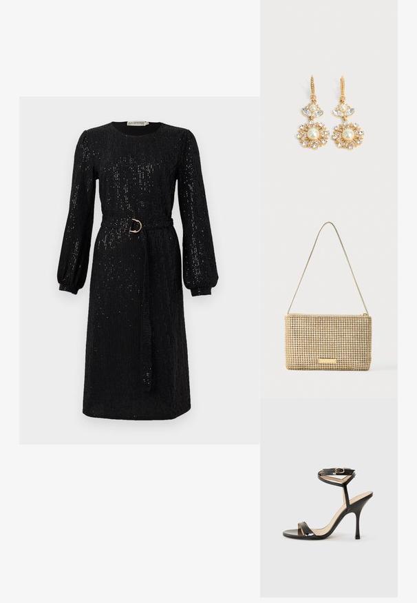 Vestido negro con mangas largas y abullonadas y una cintura ceñida con cinturón. Hecho de tela de lentejuelas, con escote redondo y corte recto.; Sandalia de tacón alto de charol negro con tira delgada en el tobillo y hebilla, punta abierta y tacón aguja esbelto sobre fondo blanco.; Bolso clutch dorado de forma rectangular, cubierto de brillantes pedrería plateada. Cuenta con una delgada correa metálica para el hombro y cierre de cremallera.; Pendientes colgantes de tono dorado con perlas centrales, pétalos de cristal transparente y pequeños cristales que forman un diseño floral sobre un fondo liso y claro.