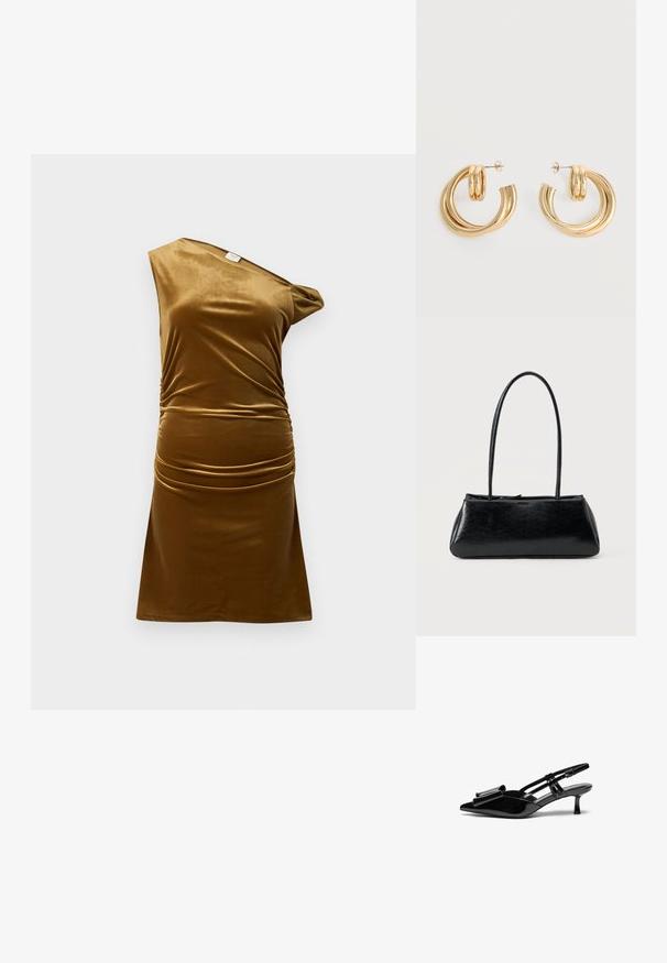 Brun fløjlsklædning, design med én skulder, rynket detalje ved taljen, glat tekstur, kort længde og tætsiddende silhuet.; Sorte patenterede læderslingbacks med spids tå, en sløjfedetalje foran og en lille stilettohæle. Remmene har justerbare spænder.; Sort rektangulær skuldertaske med lange tynde stropper og en glat, blank tekstur på en ensfarvet baggrund.; Par af skinnende gyldne dobbelt loop øreringe med stift-lukning på hvid baggrund.