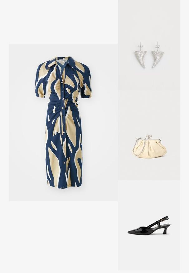Marineblaues Kleid mit beigem und weißem abstraktem Muster, kurzen Puffärmeln, Knopfleiste und Raffung an der Taille. Glatte Stoffstruktur.; Schwarzer Slingback-Pumps aus Lackleder mit spitzer Spitze und verstellbarem goldfarbenem Riemen auf weißem Hintergrund.; Faltige beigefarbene Ledertasche mit einem silbernen Metallrahmen, ausgestattet mit zwei runden dekorativen Verschlüssen und einem silbernen Kettenriemen.; Silberne, hornförmige Ohrringe, besetzt mit kleinen klaren Steinen, mit einem Steckverschluss zur Befestigung. Glatte Textur und metallisches Finish.