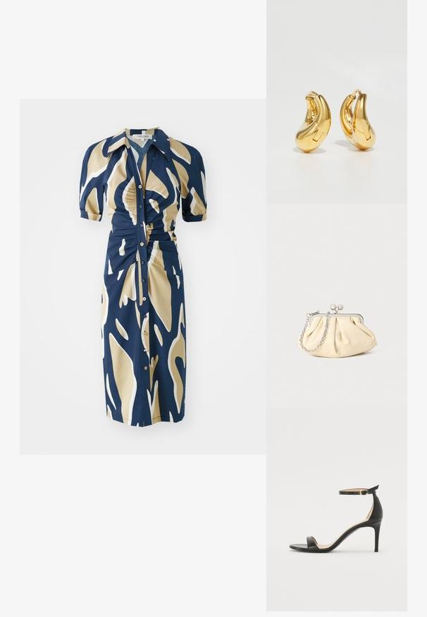 Marineblaues Kleid mit beigem und weißem abstraktem Muster, kurzen Puffärmeln, Knopfleiste und Raffung an der Taille. Glatte Stoffstruktur.; Schwarze Leder-high-heeled Sandale mit Knöchelriemen. Verfügt über eine glatte Textur, offene Zehen und einen dünnen Absatz. Goldfarbener Schnallenakzent.; Faltige beigefarbene Ledertasche mit einem silbernen Metallrahmen, ausgestattet mit zwei runden dekorativen Verschlüssen und einem silbernen Kettenriemen.; Goldene Creolen mit einer glatten, geschwungenen Form und polierter Oberfläche. Mit einem Verschlussmechanismus und leichten Einkerbungen für Details.
