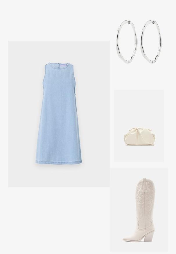 Lichtblauwe denim mouwloze jurk met een ronde halslijn. Kenmerkt zich door zijnaaddetails en een A-lijn silhouet. Sluiting met een ritssluiting aan de achterkant.; Witte leren cowboylaars met een spitse neus en een vierkante hak. Heeft ingewikkelde stikpatronen op de schacht en een soepele textuur.; Zachte, crèmekleurige leren clutch met geplooid, gerimpeld ontwerp en een dunne schouderriem die vooraan op een effen achtergrond ligt.; Een paar gepolijste zilveren gedraaide ovale creolen met scharnierende sluitingen, getoond tegen een witte achtergrond.