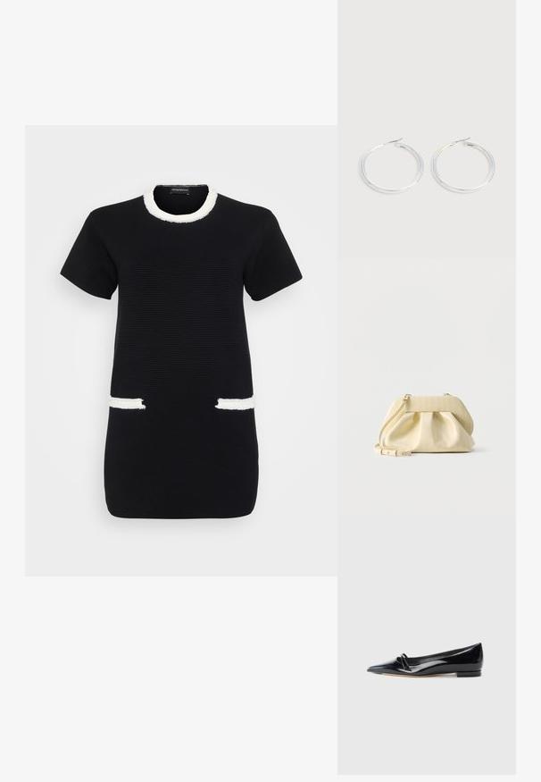 Schwarzes, kurzärmeliges geripptes Kleid mit weißem ausgefranstem Besatz am Rundhalsausschnitt und zwei vorderen Taschenöffnungen.; Schwarze Lackleder-Ballerina mit spitzem Zehenbereich, kleinem dekorativen Riemen und niedrigem Blockabsatz. Glatte Textur und elegantes Design.; Kleine hellgelbe Lederhandtasche mit geraffter Vorderseite, goldfarbenen Beschlägen und verstellbarem Schulterriemen vor weißem Hintergrund.; Paar glänzende silberne Creolen mit dünnen Drahtverschlüssen, dargestellt vor einem hellgrauen Hintergrund.