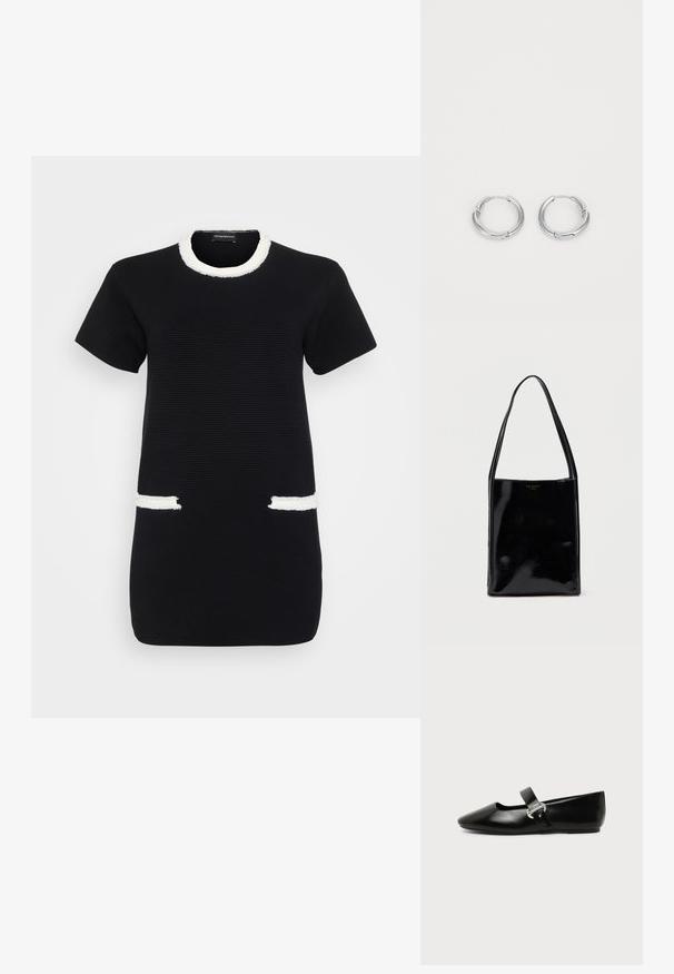 Schwarzes, kurzärmeliges geripptes Kleid mit weißem ausgefranstem Besatz am Rundhalsausschnitt und zwei vorderen Taschenöffnungen.; Schwarzer Ledermary-Jane-Flachschuh mit abgerundetem Zehenbereich und silberner Schnalle auf einfachem Hintergrund.; Schwarze Tragetasche aus Lackleder mit rechteckiger Form, schlanken Schulterriemen und einem goldenen Logo auf der Vorderseite. Glatte, glänzende Textur.; Silberne Creolen mit glatter, polierter Oberfläche. Kreisform mit einem kleinen Verschlussdetail für den Schließmechanismus. Minimalistisches Design, leicht.