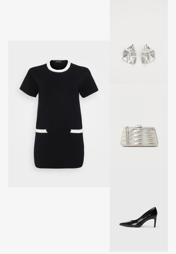 Schwarzes, kurzärmeliges geripptes Kleid mit weißem ausgefranstem Besatz am Rundhalsausschnitt und zwei vorderen Taschenöffnungen.; Schwarzer Lederhochschuh mit spitzem Zehenbereich, glatter Textur und schmalem Absatz. Minimalistisches Design, keine zusätzlichen Verzierungen.; Rechteckige silberne Clutch mit erhabenen ovalen Mustern auf der Vorderseite und einer silbernen Kette, die an einer Ecke auf einem einfarbigen Hintergrund liegt.; Silberne Metallohrringe mit einem wellenförmigen, skulpturalen Design, das eine polierte Oberfläche und unregelmäßige Formen aufweist, die eine zeitgenössische Ästhetik betonen.