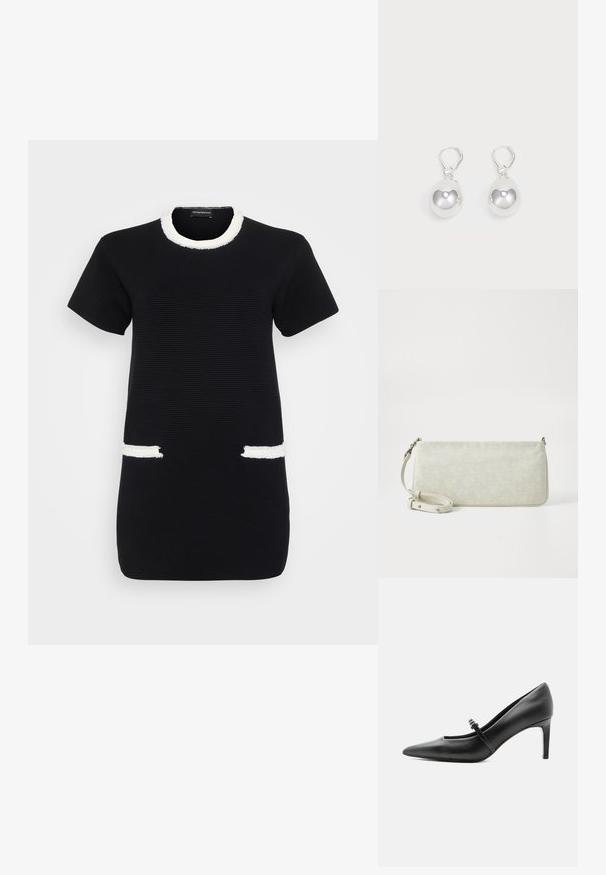 Schwarzes, kurzärmeliges geripptes Kleid mit weißem ausgefranstem Besatz am Rundhalsausschnitt und zwei vorderen Taschenöffnungen.; Schwarzer Leder-Pumps mit spitzer Zehenpartie, dünnem Riemen und Schnalle über dem Spann, stehend auf hellem neutralem Hintergrund.; Weiße, gemusterte Clutch-Tasche mit einer schlanken rechteckigen Form, glatter Textur und verstellbarem Trageriemen. Mit dezentem Logodesign und silbernen Beschlägen.; Silberne Tropfenohrringe mit glatten, runden, reflektierenden Oberflächen, die an Hakenverschlüssen hängen. Der Hintergrund ist reinweiß.