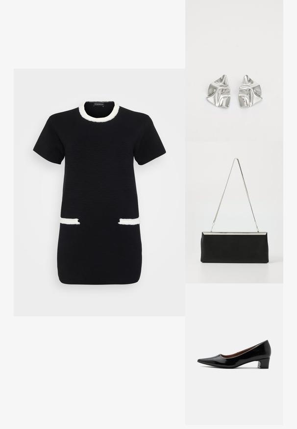 Schwarzes, kurzärmeliges geripptes Kleid mit weißem ausgefranstem Besatz am Rundhalsausschnitt und zwei vorderen Taschenöffnungen.; Schwarzer Lackleder-Pumps mit niedrigem Absatz, spitz zulaufender Schuhspitze und geschwungenem Blockabsatz, im Profil auf hellem einfarbigem Hintergrund dargestellt.; Schwarze Leder-Clutch mit einem silbernen Metallkette-Griff und einer eleganten rechteckigen Form. Mattes Finish und minimalistisches Design mit einem metallischen Akzent.; Silberne Metallohrringe mit einem wellenförmigen, skulpturalen Design, das eine polierte Oberfläche und unregelmäßige Formen aufweist, die eine zeitgenössische Ästhetik betonen.