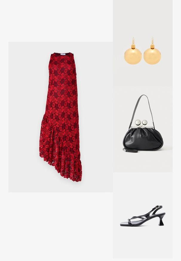 Hofmann Copenhagen ASHLEY - Cocktailjurk - kiss me red; Zwarte lederen damessandaal met dunne riempjes, vierkante neus, verstelbare enkelgesp en uitgewerkte hak van gemiddelde hoogte.; Zwarte leren handtas met een geplooid ontwerp, een enkele schouderband, zilverkleurige metalen omlijsting en twee grote ronde zilveren sluitingen.; Een paar glanzende gouden kerstbal-oorbellen met haaksluitingen op een effen witte achtergrond.