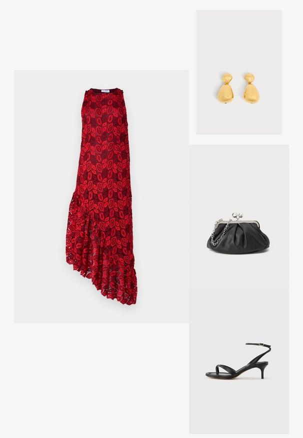 Hofmann Copenhagen ASHLEY - Cocktailjurk - kiss me red; Zwarte leren dames sandaal met dunne bandjes, een teengreep, een enkelgesp en een stilettohak van gemiddelde hoogte op een neutrale achtergrond.; Zwarte leren clutch met geplooide textuur, zilverkleurig metalen frame, drukknopsluiting en kettingriem. Glad, zacht oppervlak.; Paar glanzende gouden druppelvormige oorbellen met een kleiner afgerond bovenstuk verbonden met een groter peer-vormig onderstuk.