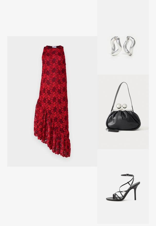 Hofmann Copenhagen ASHLEY - Vestido de cóctel - kiss me red; Sándalo negro de tacón alto con tiras finas, hebilla en el tobillo, superficie de cuero suave y tacón de aguja esbelto.; Bolso de mano de cuero negro con diseño fruncido, una sola correa, marco metálico plateado y dos cierres grandes redondos de plata.; Pendientes de aro plateados con un diseño retorcido. Bordes redondeados y acabado brillante. Cierres abiertos para un fácil uso. Textura suave en toda la superficie.