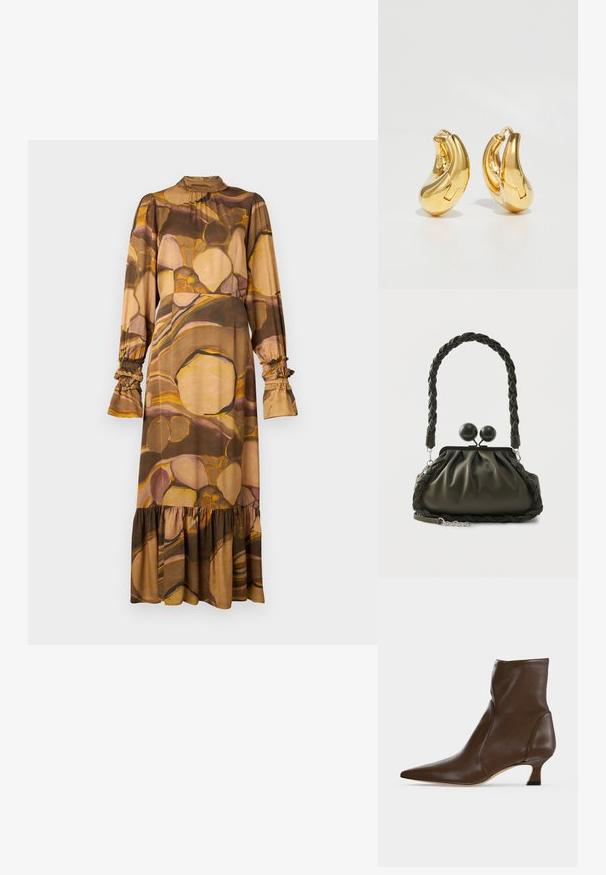 Langärmliges Kleid aus weichen, gemischten Materialien mit einem braunen und beigen abstrakten Muster, hohem Kragen, Rüschensäumen und einem rüschierten Saum.; Brauner Lederknöchelstiefel mit spitzer Spitze und niedrigem, geschwungenem Absatz auf hellem Hintergrund.; Olivgrüne Lederhandtasche mit geflochtenem Griff und silberner Beschlägen, mit einem gerafften Design und runden Verschlussdetails oben.; Goldene Creolen mit einer glatten, geschwungenen Form und polierter Oberfläche. Mit einem Verschlussmechanismus und leichten Einkerbungen für Details.