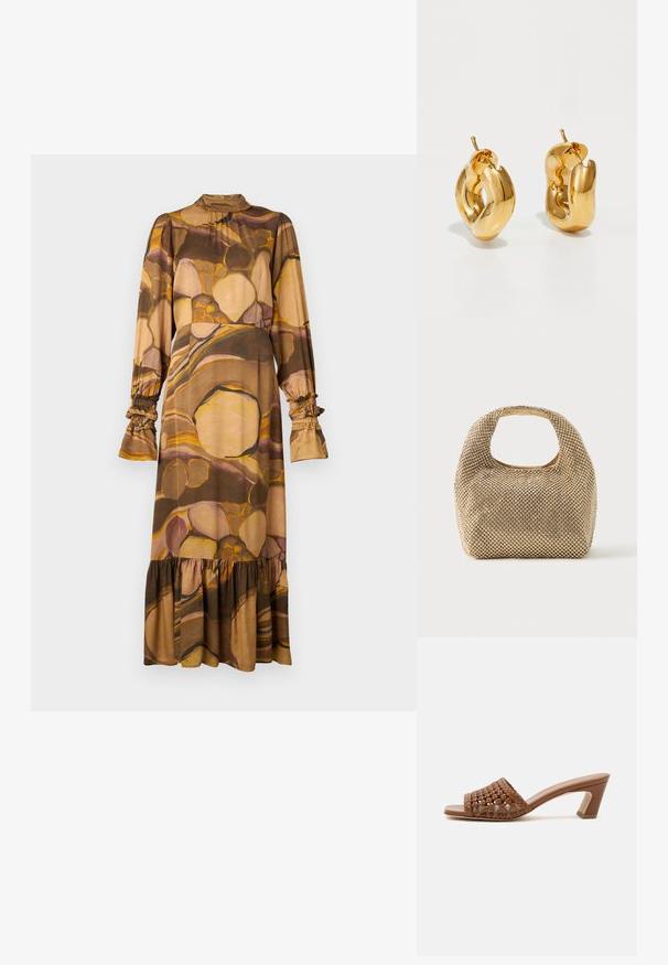 Langärmliges Kleid aus weichen, gemischten Materialien mit einem braunen und beigen abstrakten Muster, hohem Kragen, Rüschensäumen und einem rüschierten Saum.; Brauner gewebter Open-Toe-Mule mit Blockabsatz und Slip-On-Design auf schlichtem weißen Hintergrund.; Kleine Handtasche in Gold-Ton, bedeckt mit glänzenden runden Nieten, mit kurzem Griff und rechteckigem Ausschnitt oben.; Fette goldene Creolen mit einem leicht verdrehten, röhrenförmigen Design und Steckverschlüssen auf einem weißen Hintergrund.