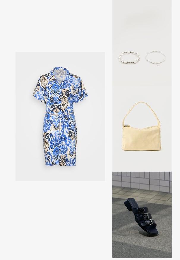 Kurzes Kleid mit kurzen Ärmeln und V-Ausschnitt, versehen mit einem blauen und beigefarbenen Blumenmuster, tailliert mit einem Stoffgürtel, aus leichtem Material gefertigt.; Schwarze Mule-Sandale mit offenem Zehenbereich, drei Schnallenriemen und niedrigem Blockabsatz, die auf einer Asphaltfläche nahe einem gepflasterten Gehweg steht.; Kleine beige Ledertasche mit einem einzigen Riemen und silbernen Nieten entlang der Kanten und des Riemens, vor einem schlichten Hintergrund.; Zwei Armbänder mit silbernen Perlen auf weißem Hintergrund; eines mit unregelmäßigen Perlen und das andere mit gleichmäßigen Perlen und einem kleinen tropfenförmigen Anhänger.