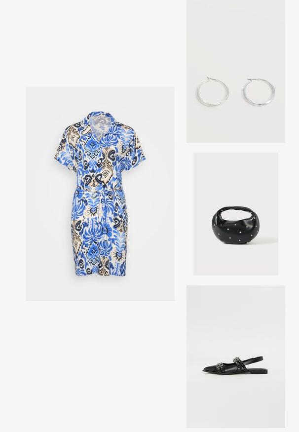 Kurzes Kleid mit kurzen Ärmeln und V-Ausschnitt, versehen mit einem blauen und beigefarbenen Blumenmuster, tailliert mit einem Stoffgürtel, aus leichtem Material gefertigt.; Even&Odd by Zalando Sling-Ballerina - black; Schwarze Lederhandtasche mit abgerundeter Form, verziert mit silbernen Nietenakzenten und kurzem Griff. Glatte Struktur und Reißverschlussverschluss.; Silberne Metallcreolen mit glatter, leicht gebogener Oberfläche und Klappverschluss vor schlicht weißem Hintergrund.