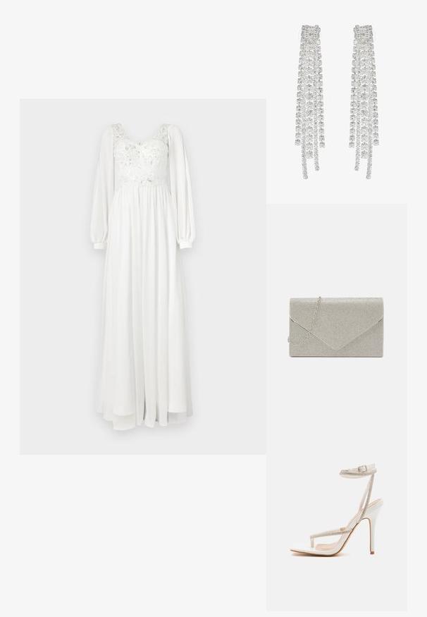 Lang witte jurk met een kanten lijfje met borduursels, geplooide lange mouwen en een vloeiende rok. Soepele textuur en lichtgewicht materiaal.; RAID RORY - Sandalen met hoge hak - white; Metalen zilveren clutch met een envelopontwerp, verrijkt met een gestructureerd patroon, voorzien van een afneembare kettinghengsel.; Lange zilveren oorbellen met een scala aan heldere, facetteerde kristallen in een waterval van strengen met variërende lengtes en vormen.